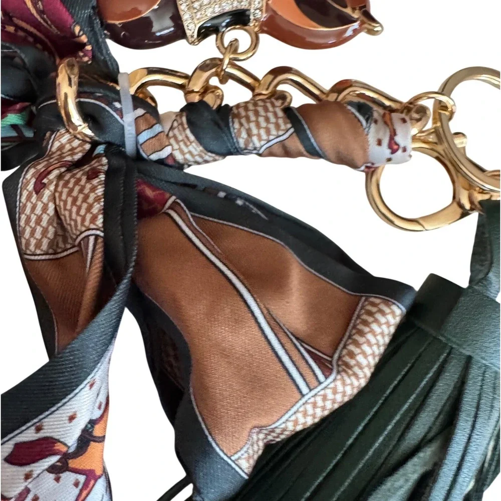 Horse Print Scarf Bag Charm Key Chain Gold Tone Hardware Glass  Stones NwT